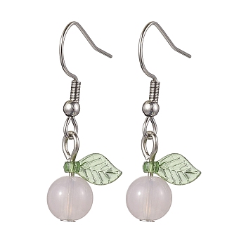 Acrylic Dangle Earrings, with 304 Stainless Steel Earring Hooks, Round with Leaf, Pearl Pink, 32.5x12.5mm