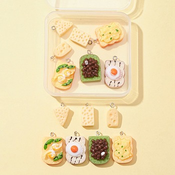 14Pcs 7 Styles Opaque Resin Pendants, with Platinum Plated Iron Loops, Imitation Food, Cheese & Toast Slices, Mixed Color, 20~18x10~18.5x5~10.5mm, Hole: 2mm, 2pcs/style