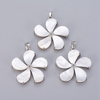 Natural White Shell Mother of Pearl Shell Pendants, with Platinum Tone Brass Findings and Rhinestone, Flower, 40.5x37.5x7.5mm, Hole: 5x8mm