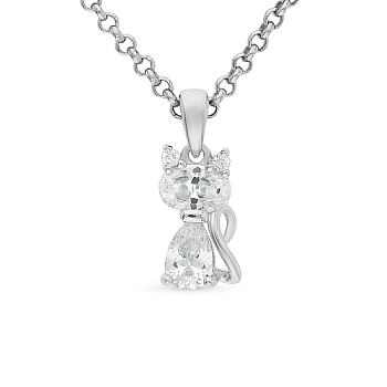Cubic Zirconia Cat Pendant Necklaces, Rhodium Plated 925 Sterling Silver for Women, Platinum, 15.75 inch(40cm)