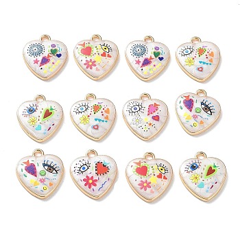 Rack Plating Alloy Enamel Pendants, Evil Eye Heart Charms with Resin, Light Gold, Mixed Color, 18.5x15.5x3mm, Hole: 2mm