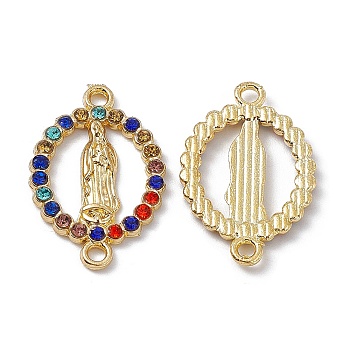 Religion Alloy Connector Charms, with Rhinestones, Flat Round Links with Virgin Pattern, Light Gold, Colorful, 23x15x2mm, Hole: 1.6mm