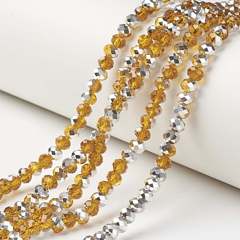 Electroplate Transparent Glass Beads Strands, Half Silver Plated, Faceted, Rondelle, Orange, 8x6mm, Hole: 1mm, about 65~68pcs/strand, 15.7~16.1 inch(40~41cm)