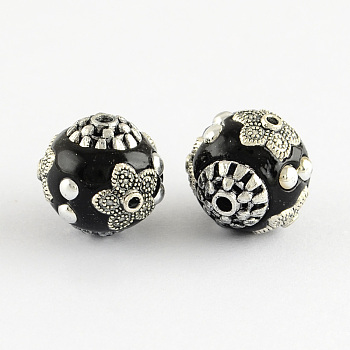 Round Handmade Indonesia Beads, with Antique Silver Metal Color Alloy Cores, Black, 14x14mm, Hole: 1.5mm