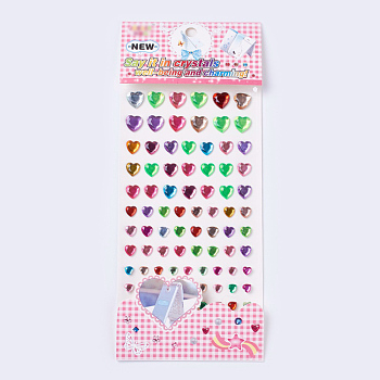 Self Adhesive Mobile Phone Stickers, Acrylic Rhinestone Stickers, Faceted, Heart, Mixed Color, 6~12x6~12x1.5~2.5mm, Package Size: 24x10.6x0.2cm