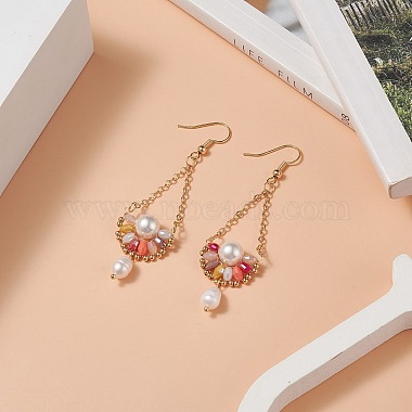 Natural Pearl & Glass Teardrop with Flower Dangle Earrings(EJEW-TA00222-04)-3