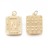 Brass Pendants, with Jump Rings, Cadmium Free & Nickel Free & Lead Free, Rectangle with Letter, Real 18K Gold Plated, Letter.N, 22.5x16x2mm, Jump Ring: 5x1mm, 3mm inner diameter(KK-N232-512N)