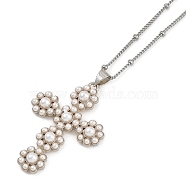 Brass & Imitation Pearl Cross Pendant Satellite Chain Necklaces, Platinum, 17.72 inch(45cm)(NJEW-U015-09P)