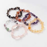 Chips Natural Gemstone Beaded Stretch Bracelets, with Brass Rhinestone Findings, Silver Color Plated, 59mm(BJEW-JB02131)