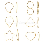 304 Stainless Steel Big Hoop Earrings, Hypoallergenic Earrings, Mixed Shapes, Golden, 6pairs/box(EJEW-SZ0001-13G)