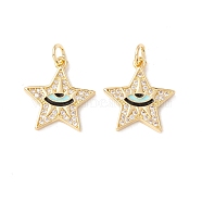 Brass Micro Pave Clear Cubic Zirconia Pendants, with Jump Rings and Enamel, Cadmium Free & Lead Free, Real 18K Gold Plated, Long-Lasting Plated, Star with Eye, Pale Turquoise, 17.5x16x2mm, Hole: 3mm(ZIRC-P098-04G-01)