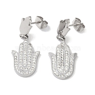 Hamsa Hand 304 Stainless Steel Polymer Clay Rhinestone Dangle Earrings, Stud Earrings for Women, Stainless Steel Color, 32.5x13mm(EJEW-L283-012P)