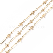 Clear Cubic Zirconia Flower Link Chains, with Brass Paperclip Chains, Soldered, with Spools, Cadmium Free & Lead Free, Real 14K Gold Plated, Bar: 9.5x2.5x0.6mm, Flower: 11.5x7x2mm(CHC-P009-04G)