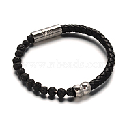 Leather Cord Bracelets, with Lava Rock Beads & 304 Stainless Steel Magnetic Clasps, Lava Rock, 51x63mm(BJEW-E273-02F)