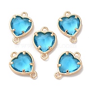K9 Glass Connector Charms, Heart Links with Golden Tone Brass Findings, Light Sapphire, 14x10x4.5mm, Hole: 1.2mm(FIND-C036-08G-02)