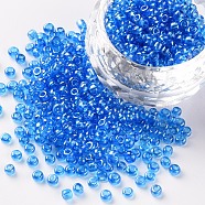 Glass Seed Beads, Trans. Colours Lustered, Round, Light Blue, 3mm, Hole: 1mm, about 1111pcs/50g, 50g/bag, 18bags/2pounds(SEED-US0003-3mm-103B)