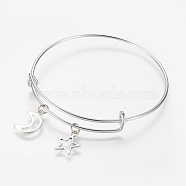 Adjustable Iron Charm Bangles, with Tibetan Style Alloy Charms, Moon, Star, Antique Silver & Platinum, 2-1/2 inch(63mm)(X-BJEW-JB03150)