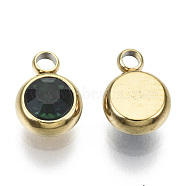 Vacuum Plating 201 Stainless Steel Rhinestone Charms, Birthstone Charms, Flat Round, Real 18K Gold Plated, Emerald, 8.5x6x3mm, Hole: 1.5mm(X-STAS-S068-05G)