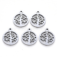 201 Stainless Steel Pendants, Laser Cut, Round Ring with Tree, Stainless Steel Color, 17x14x1mm, Hole: 1.2mm(STAS-N092-17)