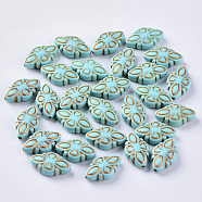 Plating Acrylic Beads, Golden Metal Enlaced, Rhombus, Dark Turquoise, 16x9.5x4.5mm, Hole: 1mm(X-OACR-S029-111)