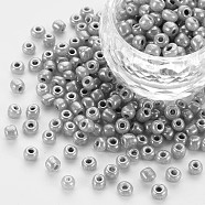 6/0 Glass Seed Beads, Ceylon, Round, Round Hole, Dark Gray, 6/0, 4mm, Hole: 1.5mm, about 500pcs/50g, 50g/bag, 18bags/2pounds(SEED-US0003-4mm-149)