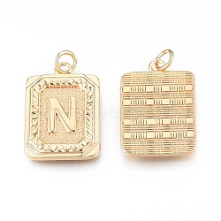 Brass Pendants, with Jump Rings, Cadmium Free & Nickel Free & Lead Free, Rectangle with Letter, Real 18K Gold Plated, Letter.N, 22.5x16x2mm, Jump Ring: 5x1mm, 3mm inner diameter(KK-N232-512N)