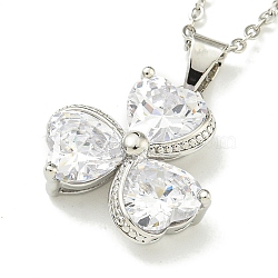 304 Stainless Steel Cable Chain Necklaces, Brass Clear Cubic Zirconia Clover Pendant Necklaces, Stainless Steel Color, 17.56 inch(44.6cm)(NJEW-H040-14P)