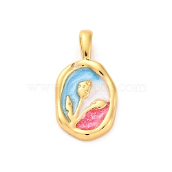 Brass Enamel Pendants, Oval with Flower Charm, Real 18K Gold Plated, 19.5x10.5x2.5mm, Hole: 4x2mm(KK-S502-08G)