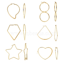 304 Stainless Steel Big Hoop Earrings, Hypoallergenic Earrings, Mixed Shapes, Golden, 6pairs/box(EJEW-SZ0001-13G)