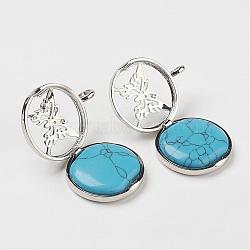 Synthetic Turquoise Pendants, with Brass Diffuser Locket Findings, Flat Round with Butterfly, 31x26x8mm, Hole: 4mm(G-G910-G02)