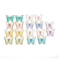 Glass Stud Earrings, with Golden Plated Brass Findings and Clear Cubic Zirconia, Butterfly, Mixed Color, 15x19x4~4.5mm, Pin: 0.7mm(EJEW-G277-01G)