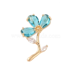 Brass Glass Pendants, Flower, Faceted, Golden, Turquoise, 31x19x8mm, Hole: 5x3mm(KK-B100-041G-04)