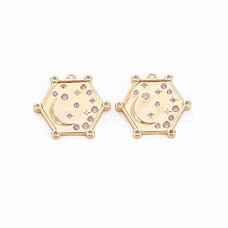 Brass Micro Pave Cubic Zirconia Pendants, Nickel Free, Real 18K Gold Plated, Hexagon with Moon & Star, Pink, 18x20x2.5mm, Hole: 1mm(KK-S364-271C)