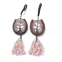 Natural Rose Quartz Chip Tree of Life Pendants Decoration, Brass Horse Shose Tassel Gems Hanging Ornaments, 220mm, Pendant: 170x59x7mm(G-F733-06B)