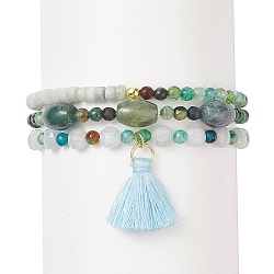 3Pcs 3 Style Natural Agate & Aquamarine & Celestite Beaded Stretch Bracelets Set, Tassel Charms Stackable Bracelets for Women, Inner Diameter: 2-1/8 inch(5.3~5.5cm), 1Pc/style(BJEW-JB09118)