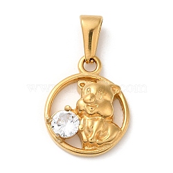 Vacuum Plating 304 Stainless Steel Pendants, with Rhinestone, Long-Lasting Plated, Flat Round with Pig Charm, Golden, 18.5x15x5mm, Hole: 6x3mm(STAS-M322-18G)