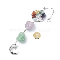 Wire Wrapped Natural Amethyst & Green Aventurine Pouch Pendant Deorations, with Gemstone Chip Tree of Life Link and Alloy Hollow Moon Pendant, 310~325mm(HJEW-JM01297-01)