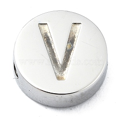 Tarnish Resistant 304 Stainless Steel Beads, Flat Round with Letter, Stainless Steel Color, Letter V, 8x3mm, Hole: 1.6mm(STAS-H219-15P-V)