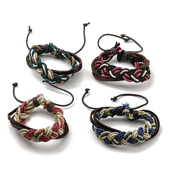 Adjustable PU Leather & Waxed Cords Braided Multi-strand Bracelets, Mixed Color, Inner Diameter: 2~3-1/8 inch(5.2~7.8cm)