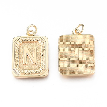 Brass Pendants, with Jump Rings, Cadmium Free & Nickel Free & Lead Free, Rectangle with Letter, Real 18K Gold Plated, Letter.N, 22.5x16x2mm, Jump Ring: 5x1mm, 3mm inner diameter