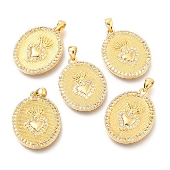 Brass Micro Pave Clear Cubic Zirconia Pendants, with Jump Rings, Flat Round with Radlish, Real 18K Gold Plated, 23x17.9x2.9mm