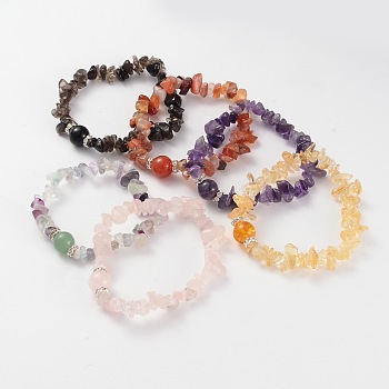 Chips Natural Gemstone Beaded Stretch Bracelets, with Brass Rhinestone Findings, Silver Color Plated, 59mm