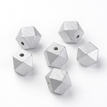 Spray Painted Natural Wooden Beads, Polygon, Silver, 12x12x12mm, Hole: 1.5mm