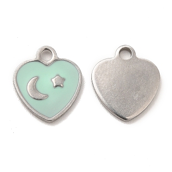 304 Stainless Steel Enamel Pendants, Heart with Moon & Star Charm, Stainless Steel Color, 11x10x1mm, Hole: 1.6mm