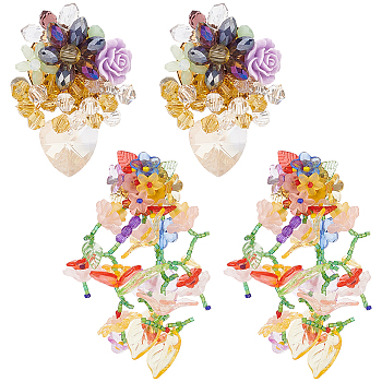ANATTASOUL 2 Pairs 2 Style Resin Flower Stud Earrings with Glass Beaded, Golden Alloy Wire Wrap Jewelry for Women, Mixed Color, 52.5~95x38~65mm, Pin: 0.7~0.75mm, 1 Pair/style