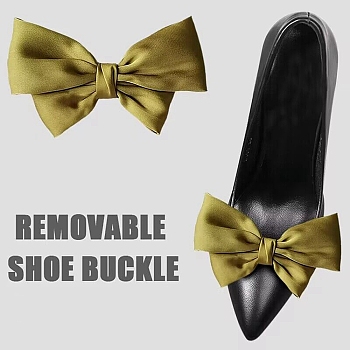 Detachable Ribbon Satin Bowknot Shoe Decoration, with Iron Buckle Clip, Dark Khaki, 90~95x125~130x19.5mm