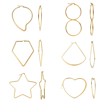 304 Stainless Steel Big Hoop Earrings, Hypoallergenic Earrings, Mixed Shapes, Golden, 6pairs/box