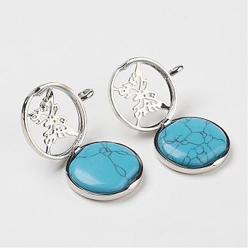 Synthetic Turquoise Pendants, with Brass Diffuser Locket Findings, Flat Round with Butterfly, 31x26x8mm, Hole: 4mm