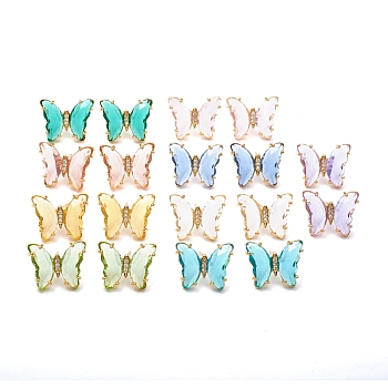 Glass Stud Earrings, with Golden Plated Brass Findings and Clear Cubic Zirconia, Butterfly, Mixed Color, 15x19x4~4.5mm, Pin: 0.7mm