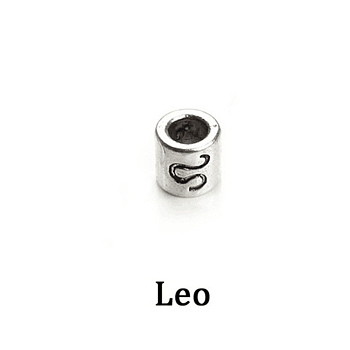 Antique Silver Plated Alloy European Beads, Large Hole Beads, Column with Twelve Constellations, Leo, 7.5x7.5mm, Hole: 4mm, 60pcs/bag